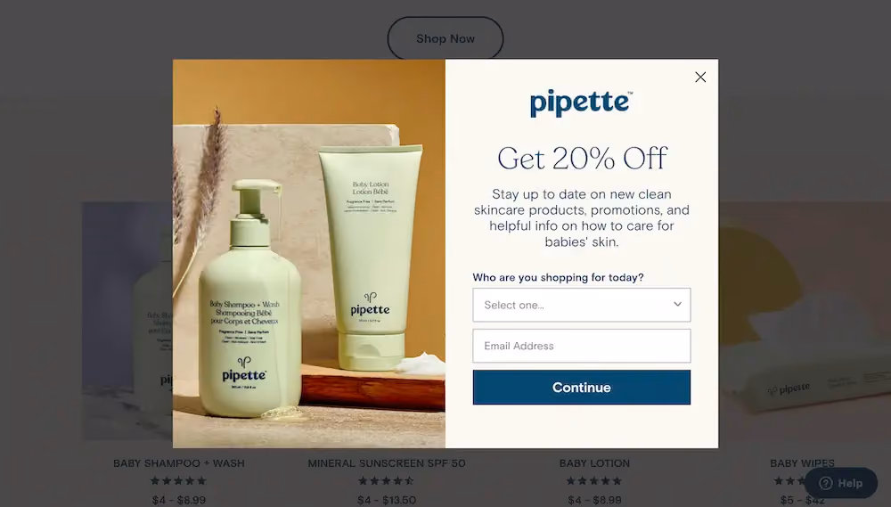 Popup form on Pipette's website offering 20% off in exchange for the shopper's email address.