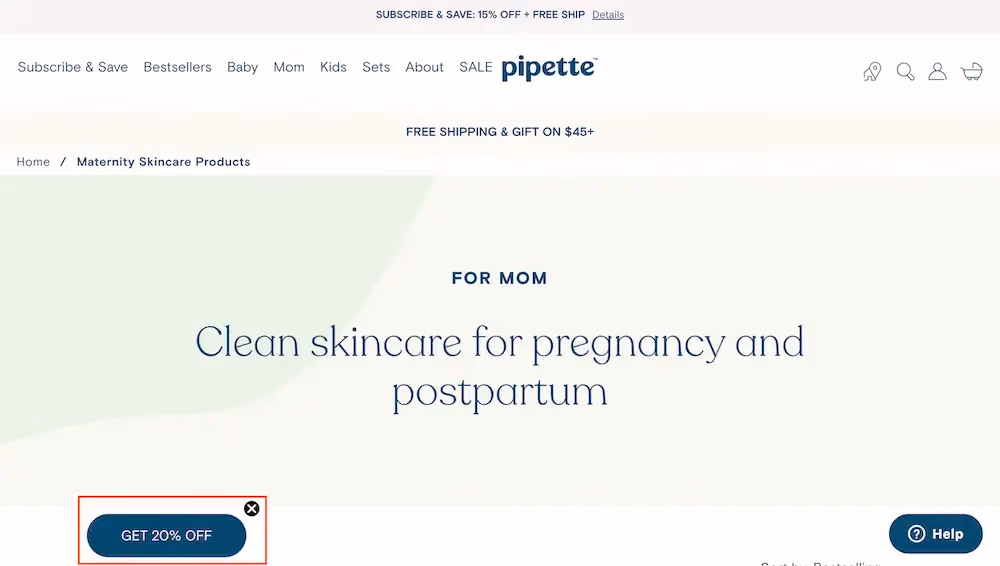 The widget appears in the lower-left corner of the website when a shopper exits the popup instead of submitting the form. The text on the button reads "Get 20% off."