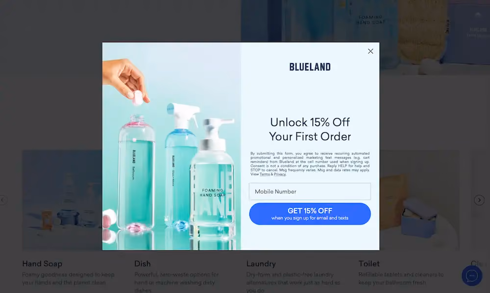 After the shopper submits their email address, the second step in the popup form asks for the shopper's phone number to secure their first order discount.