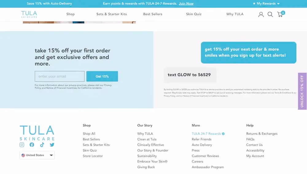 An embedded form on Tula's home page advertising the first order discount again. Next to that, the brand also advertises a "next order" discount if the shopper signs up for texts.