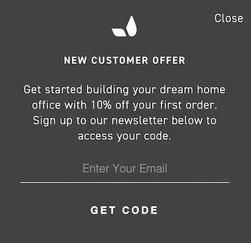 A zoom in on Grovemade's popup form. It offers the shopper 10% off their first order for signing up for the newsletter.