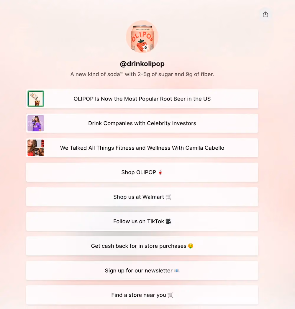 A "link in bio" landing page for Olipop that offers its audience a menu of links including ones to shop, subscribe to the newsletter, and read recent press features.