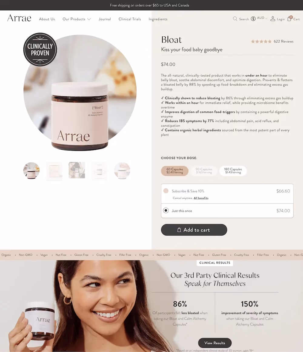 Arrae's product page for a supplement that reduces bloating