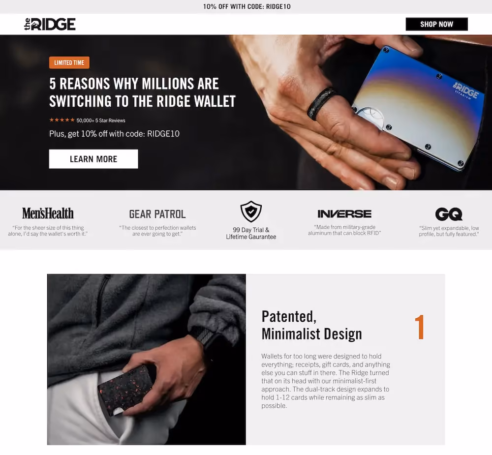 A listicle landing page for The Ridge's website titled "5 Reasons Why Millions are Switching to the Ridge Wallet".