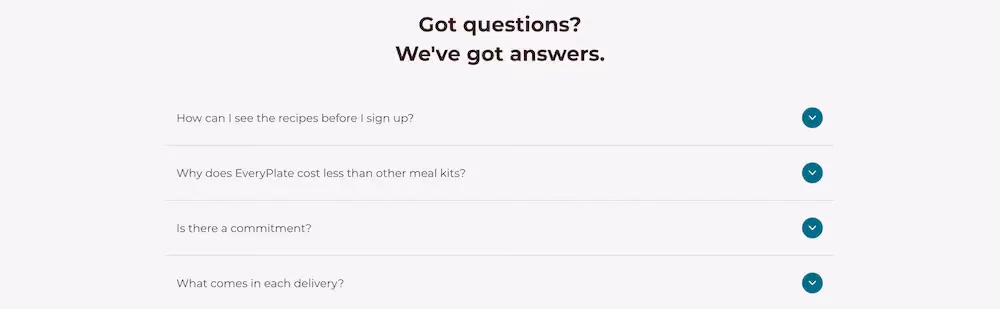 An FAQs block on EveryPlate's listicle landing page with collapsable questions and answers.