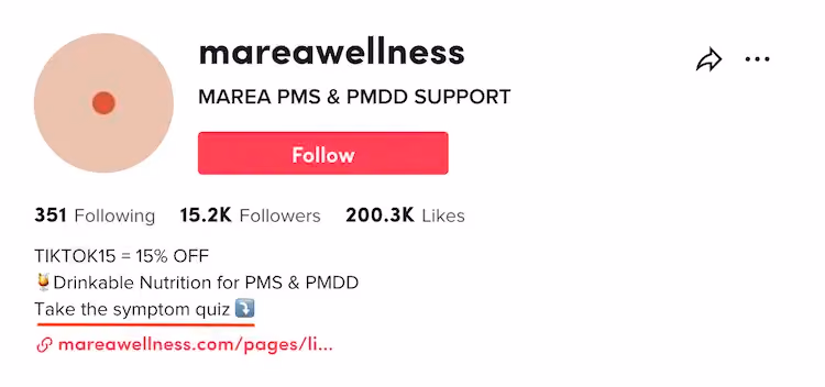 Marea's TikTok bio features the CTA "Take the symptom quiz" with a link to the brand's "link in bio" page.