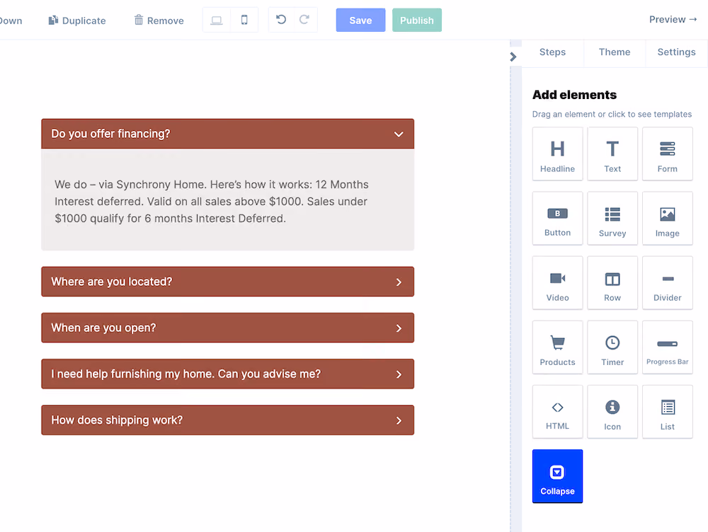 The collapse element in ConvertFlow's campaign builder