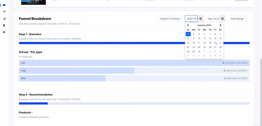 An example funnel breakdown of a survey, showing how many people interacted with each step and their survey responses.