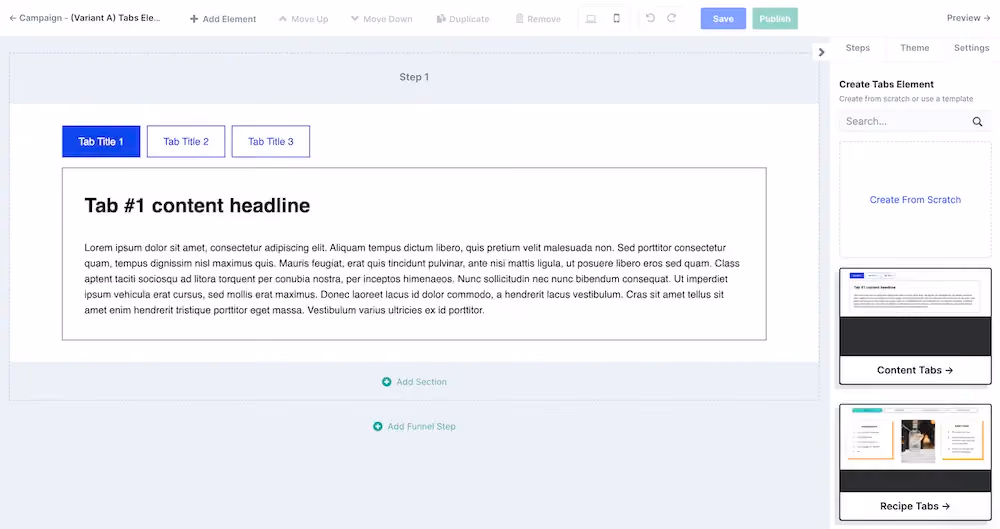 The tabs element in ConvertFlow's campaign builder