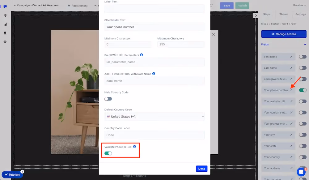 Phone number validation toggle for a form in ConvertFlow