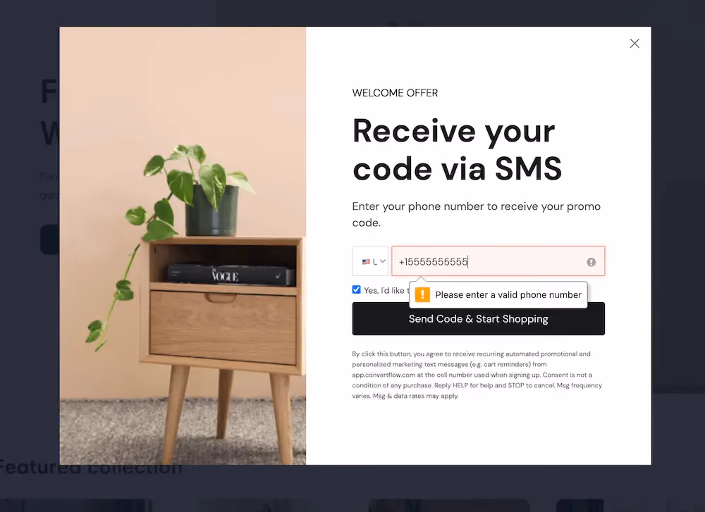 Campaign phone validation in action for an example campaign showing the number is not valid