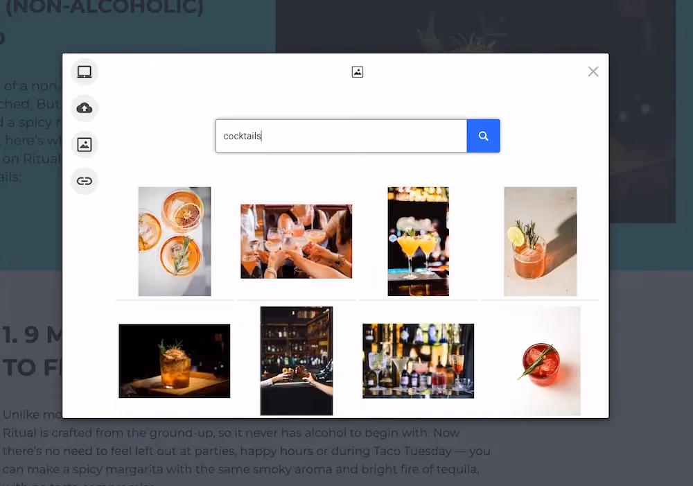 Example search for "cocktails" using ConvertFlow's Unsplash integration