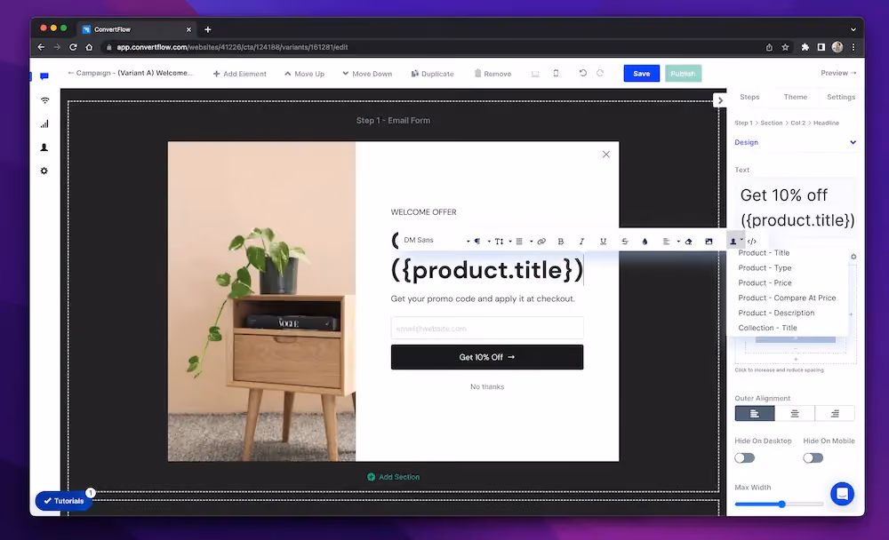 Product merge tags as they appear in ConvertFlow's campaign builder