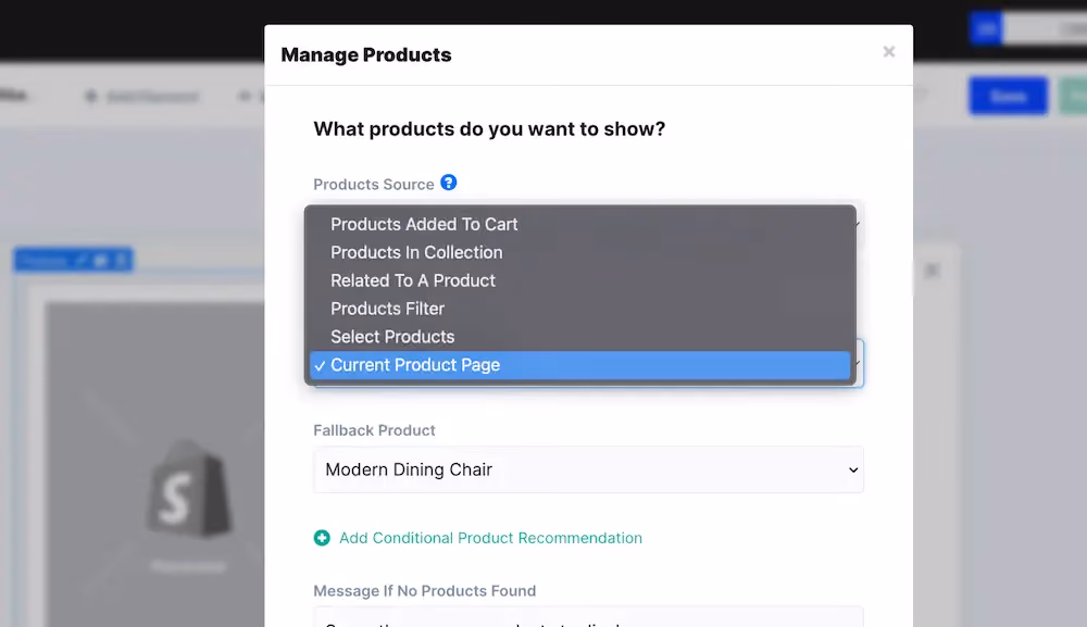 Product source menu in ConvertFlow with an option to pull product information from the product page the shopper is currently visiting