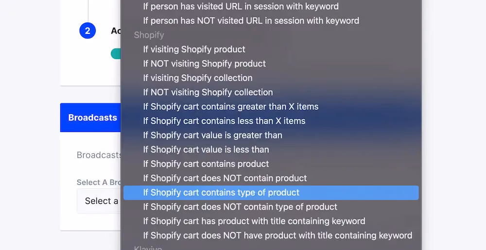 Campaign targeting options in ConvertFlow that allow you to set conditions based on the attributes of the shopper's Shopify carts