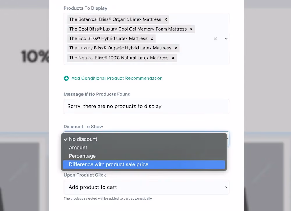 Discount option in ConvertFlow that allows you to set different discount amounts for the products shown in a campaign