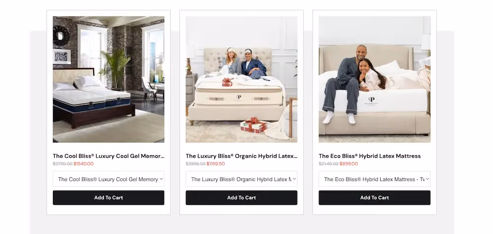 Example of unique discount prices shown in a campaign containing three mattresses