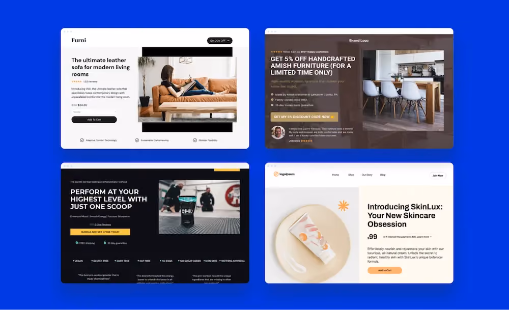 Thumbnails of product landing page templates