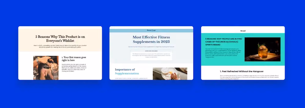 Thumbnails of listicle landing page templates