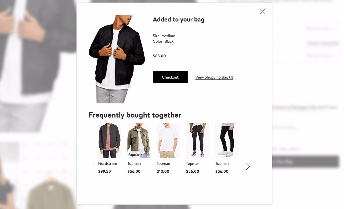Nordstrom add to cart upsell popup example