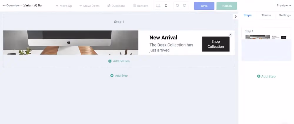 An announcement bar template in ConvertFlow's drag-and-drop builder 