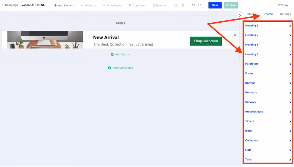 The theme settings sidebar in ConvertFlow