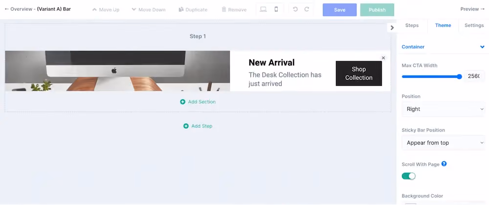 Announcement bar placement settings in the theme side bar