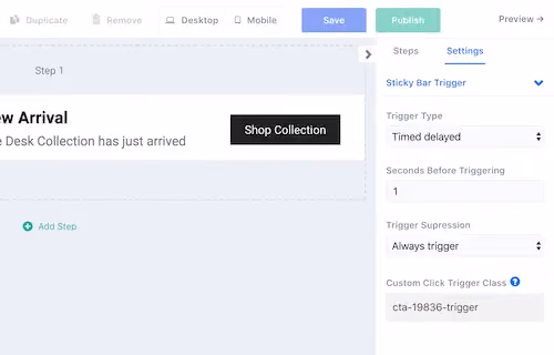 Trigger settings for the announcement bar in ConvertFlow