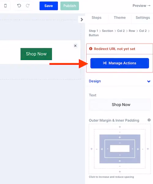 The "manage actions" button for a button element in ConvertFlow