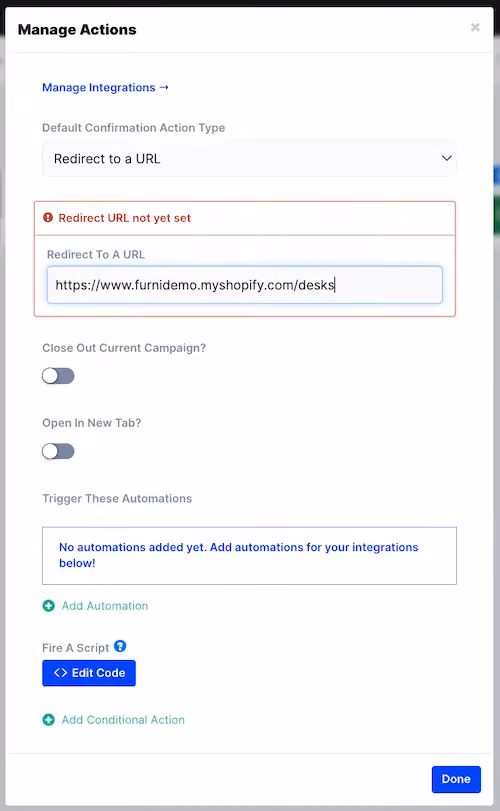Setting button actions in ConvertFlow