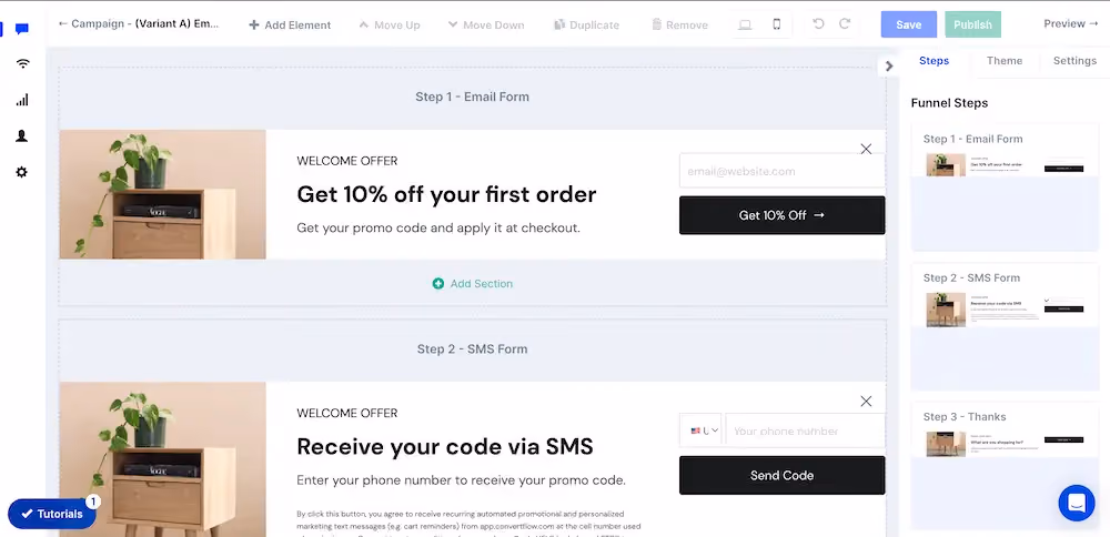 ConvertFlow's drag-and-drop builder with the selected template ready to edit