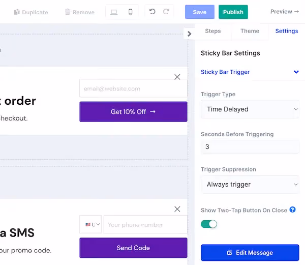 Sticky bar trigger settings can be accessed via the "Settings" tab in the right-side menu