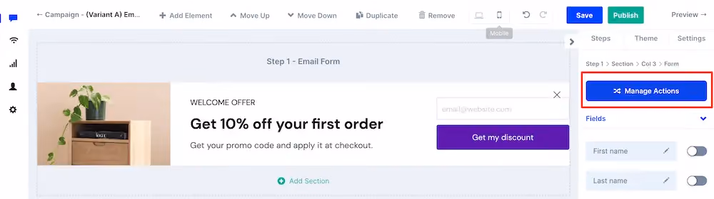The "Manage Actions" button that appears when clicking a form in ConvertFlow