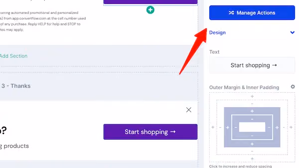 The "Manage Actions" button that appears when selecting a button in the builder