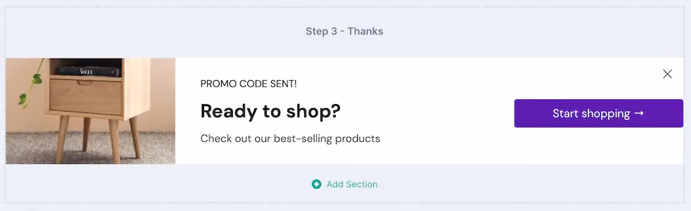 An updated final step of the announcement bar that reads, "Ready to shop? Check out our best-selling products." The CTA button reads, "Start shopping."