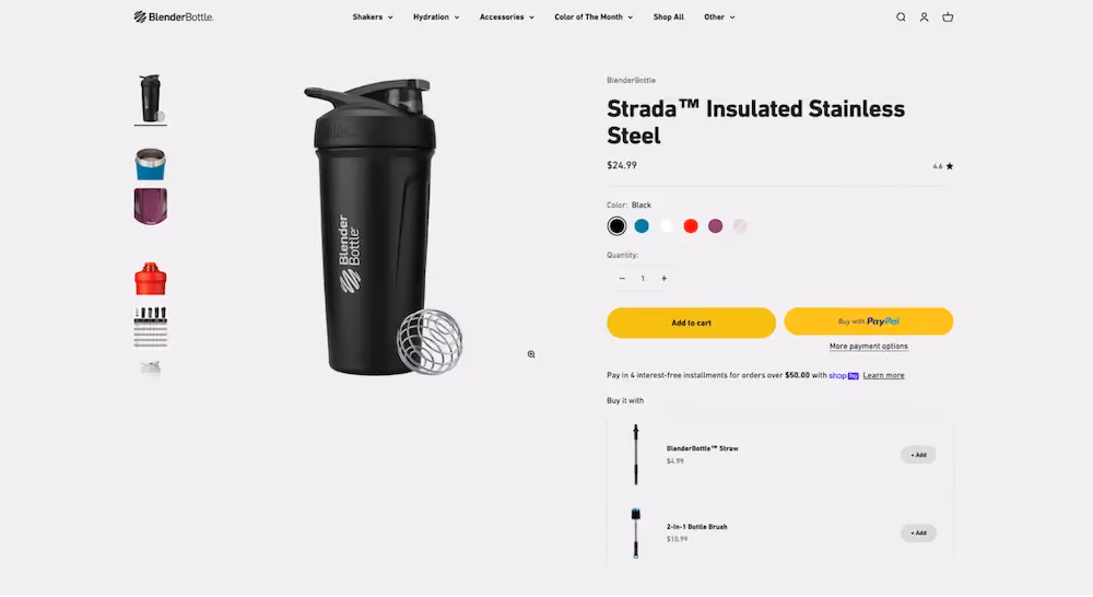 BlenderBottle product page for a bottle with two complementary items: a straw attachment and a bottle cleaning brush.