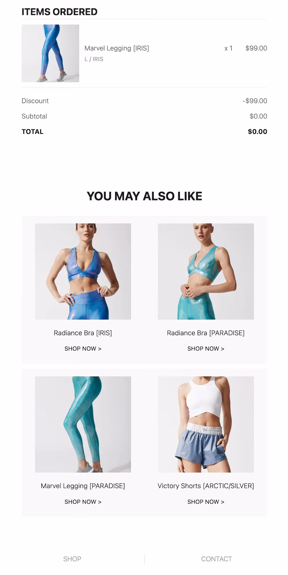 Order confirmation email from Heroine Sport promoting similar items to what is in the customer's order