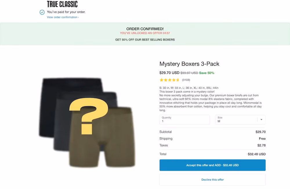 True Classic's thank you page that appears after a customer places their order. It features a 50% discount on a 3-pack of boxers that the customer can add to the order they just placed