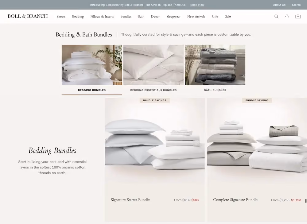 A bundle landing page from Boll & Branch that features bedding and bath towels that the customer can purchase as a set at a discount