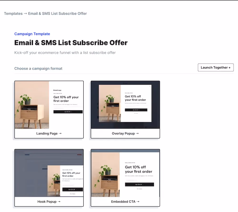 The menu of campaign format options in ConvertFlow