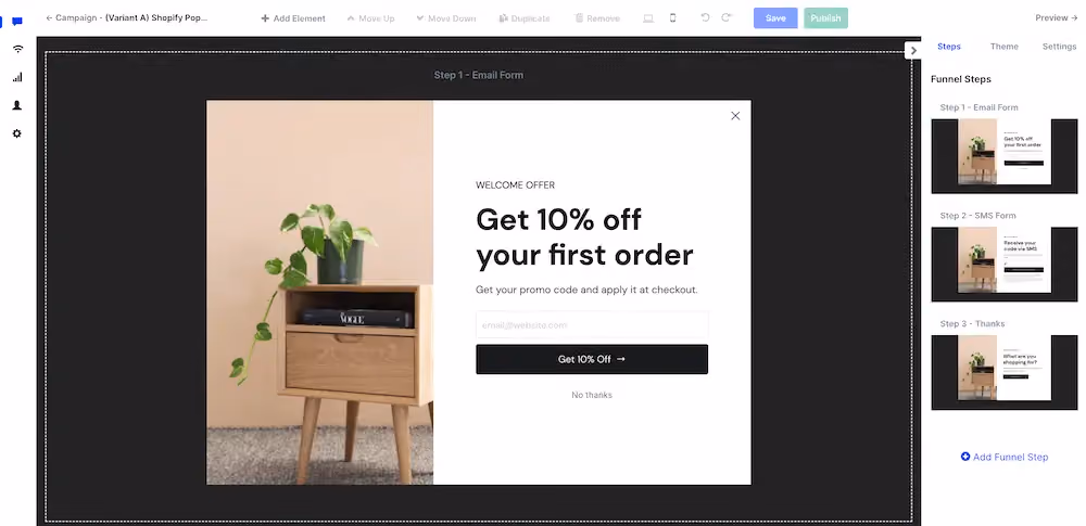 The Shopify popup template as it appears in ConvertFlow's drag-and-drop builder