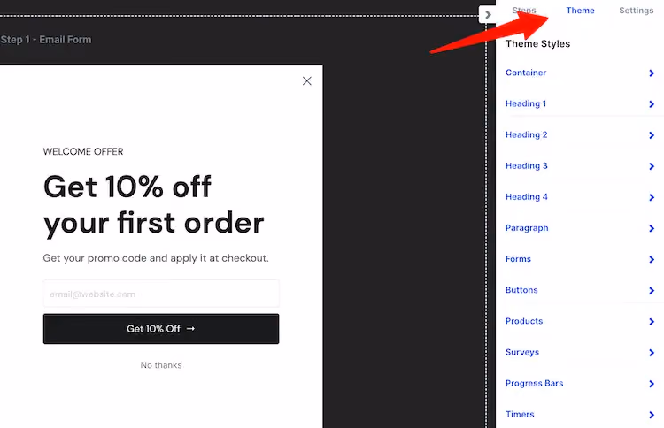 The theme menu in ConvertFlow