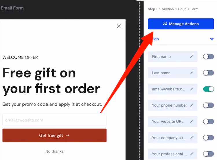 The manage actions button as it appears when selecting a form element in ConvertFlow