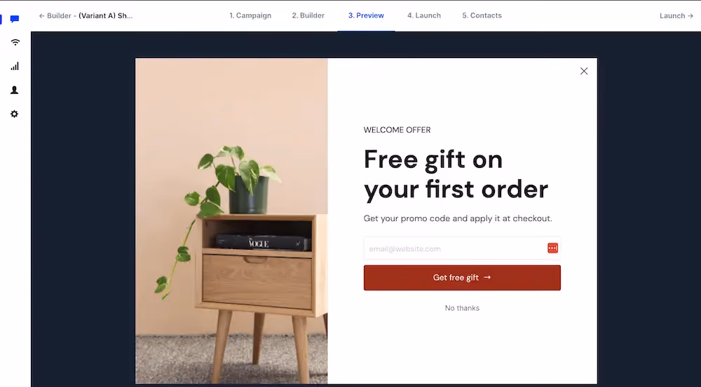 The preview screen in ConvertFlow showing the campaign in action