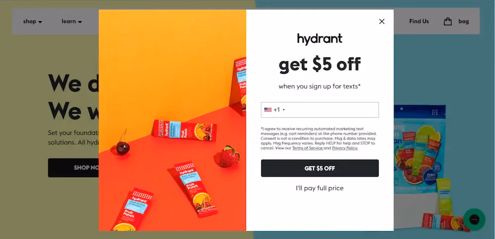 SMS opt-in popup on Hydrant's website offering $5 off