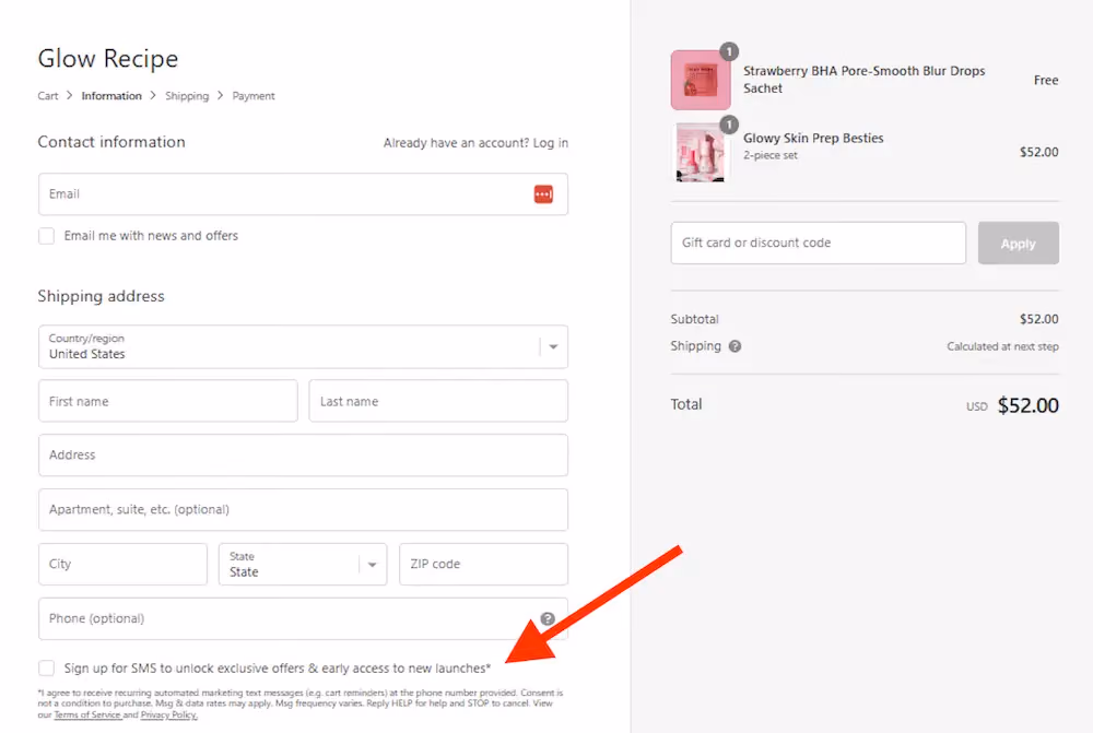 Glow Recipe's checkout page with a checkbox to sign up for texts