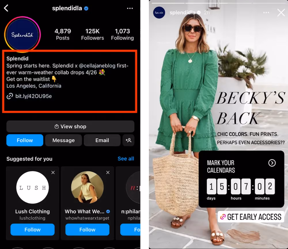 Left side is a screenshot of Splendid's Instagram page showing a link to join a waitlist for the brand's collab with Cella Jane Blog. Right side is a screenshot of Splendid's Instagram Story that promotes the collab and contains a link to sign up for the waitlist.