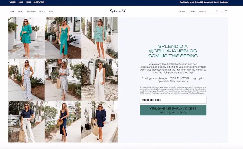 Landing page on Splendid's website encouraging shoppers to sign up for texts to find out when the collab drops.