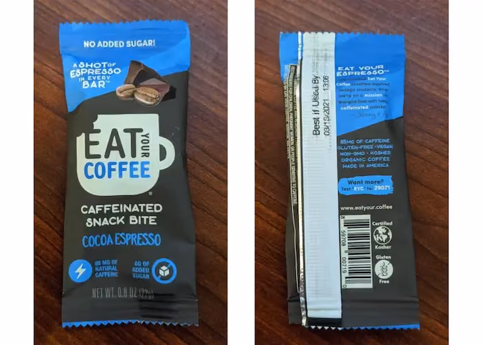 Product packaging from Eat Your Coffee showing a CTA to text the brand to order more bars.