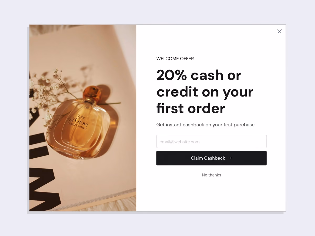 2-Step Email & SMS Cashback Offer Popup